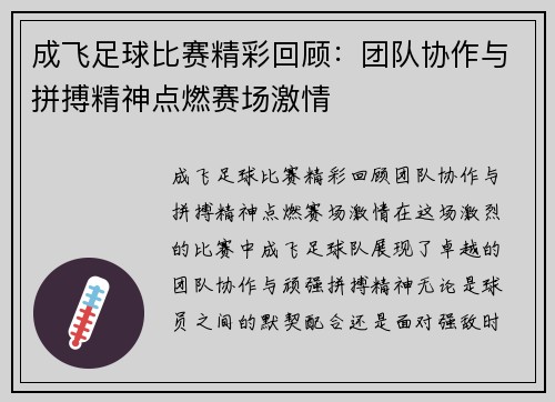 成飞足球比赛精彩回顾:团队协作与拼搏精神点燃赛场激情