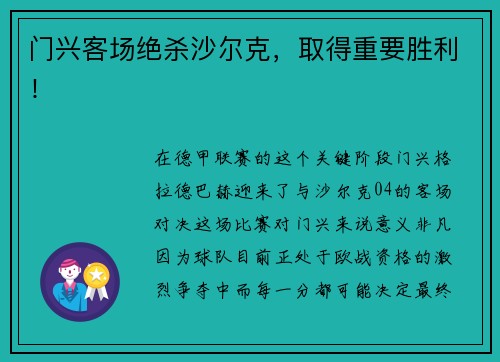 门兴客场绝杀沙尔克，取得重要胜利！