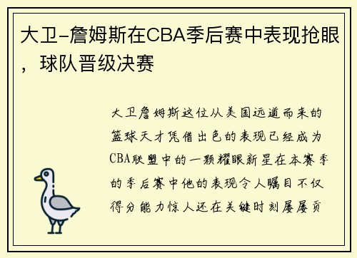 大卫-詹姆斯在CBA季后赛中表现抢眼,球队晋级决赛