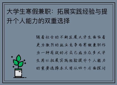 大学生寒假兼职:拓展实践经验与提升个人能力的双重选择