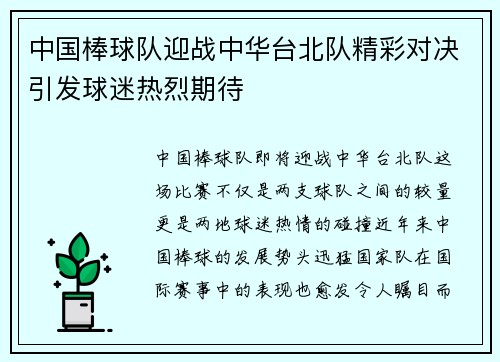 中国棒球队迎战中华台北队精彩对决引发球迷热烈期待