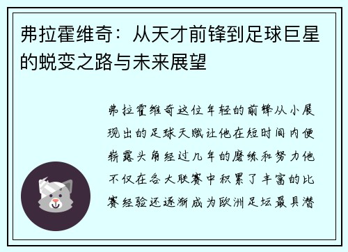 弗拉霍维奇：从天才前锋到足球巨星的蜕变之路与未来展望