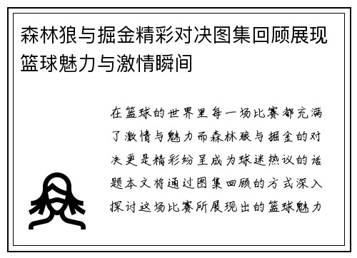 森林狼与掘金精彩对决图集回顾展现篮球魅力与激情瞬间