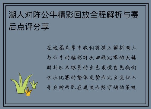 湖人对阵公牛精彩回放全程解析与赛后点评分享
