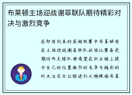 布莱顿主场迎战谢菲联队期待精彩对决与激烈竞争