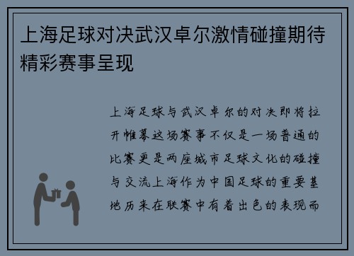 上海足球对决武汉卓尔激情碰撞期待精彩赛事呈现