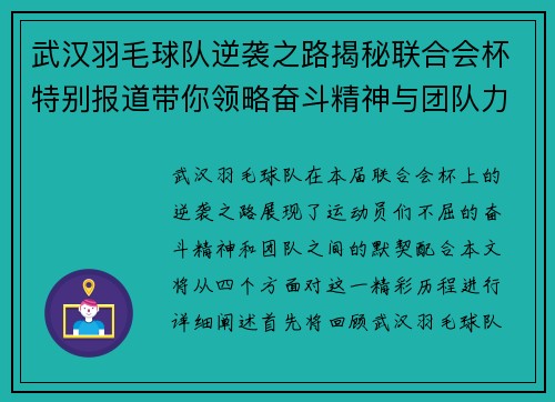 武汉羽毛球队逆袭之路揭秘联合会杯特别报道带你领略奋斗精神与团队力量