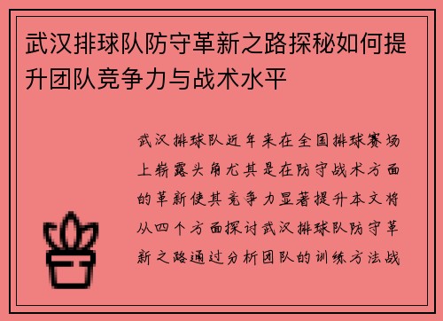 武汉排球队防守革新之路探秘如何提升团队竞争力与战术水平